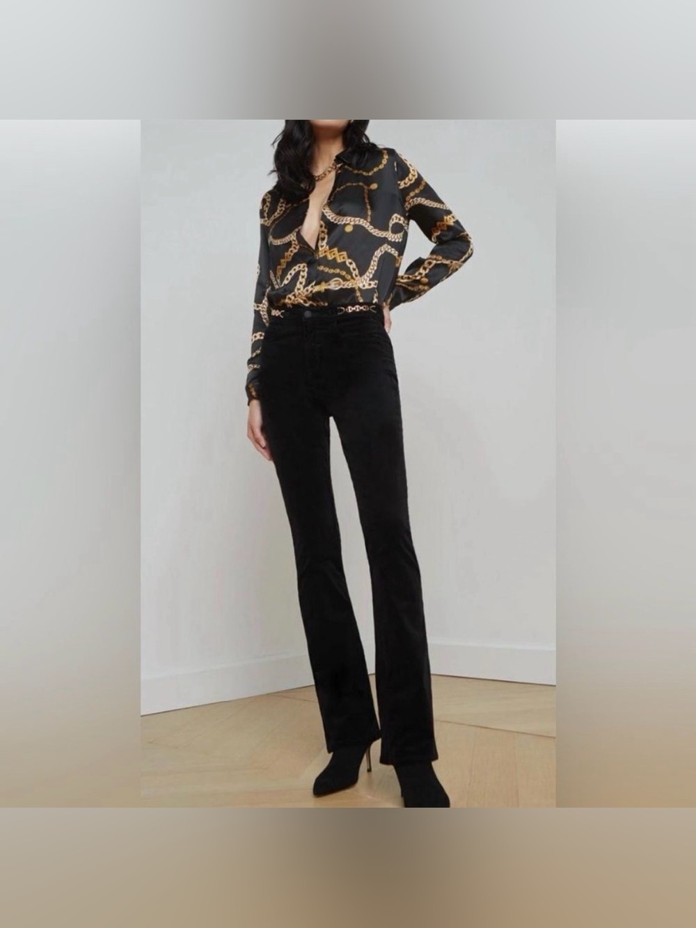 NWT L'AGENCE Stevie High-Rise Velvet Flare Jeans - Noir gold chain size 33 black